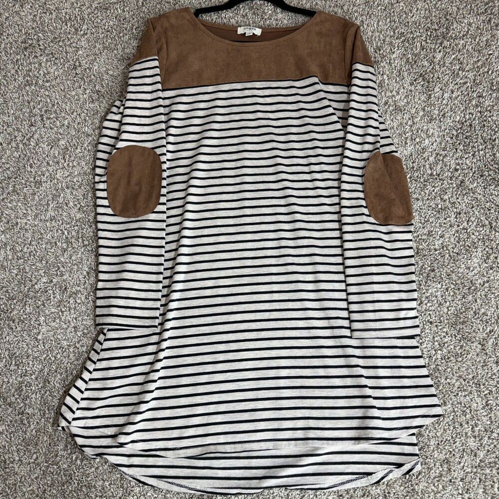 Umgee Brown White Striped T Shirt Dress Womens Small Long Sleeve Neutral